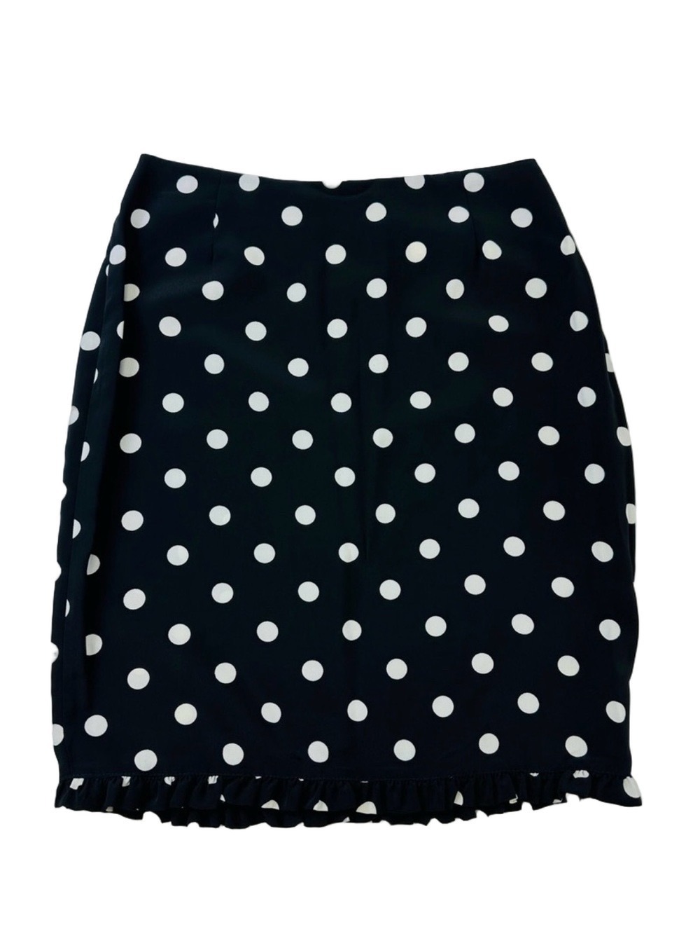 Vintage 90s black white polkadot pencil skirt ruffle trim hem Size 6 unlined